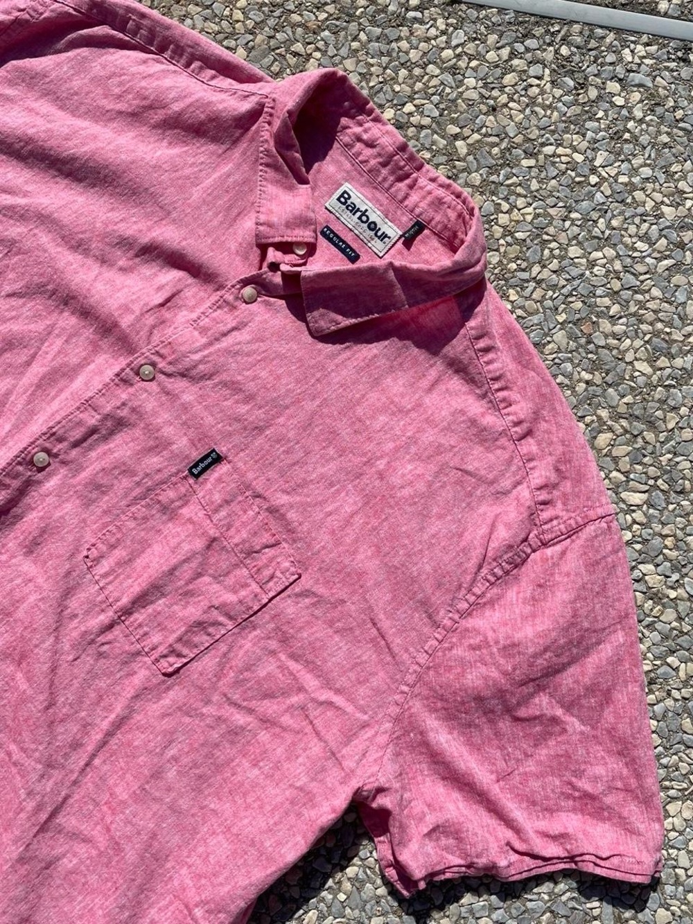 Barbour heather pink linen short sleeve button up shirt